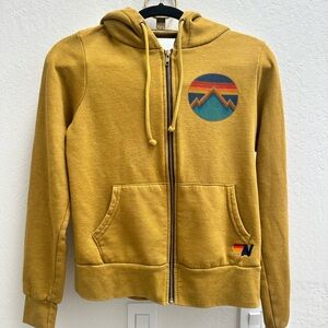 RARE Aviator Nation Mustard Yellow Zip-Up Hoodie with Mountain Patch
